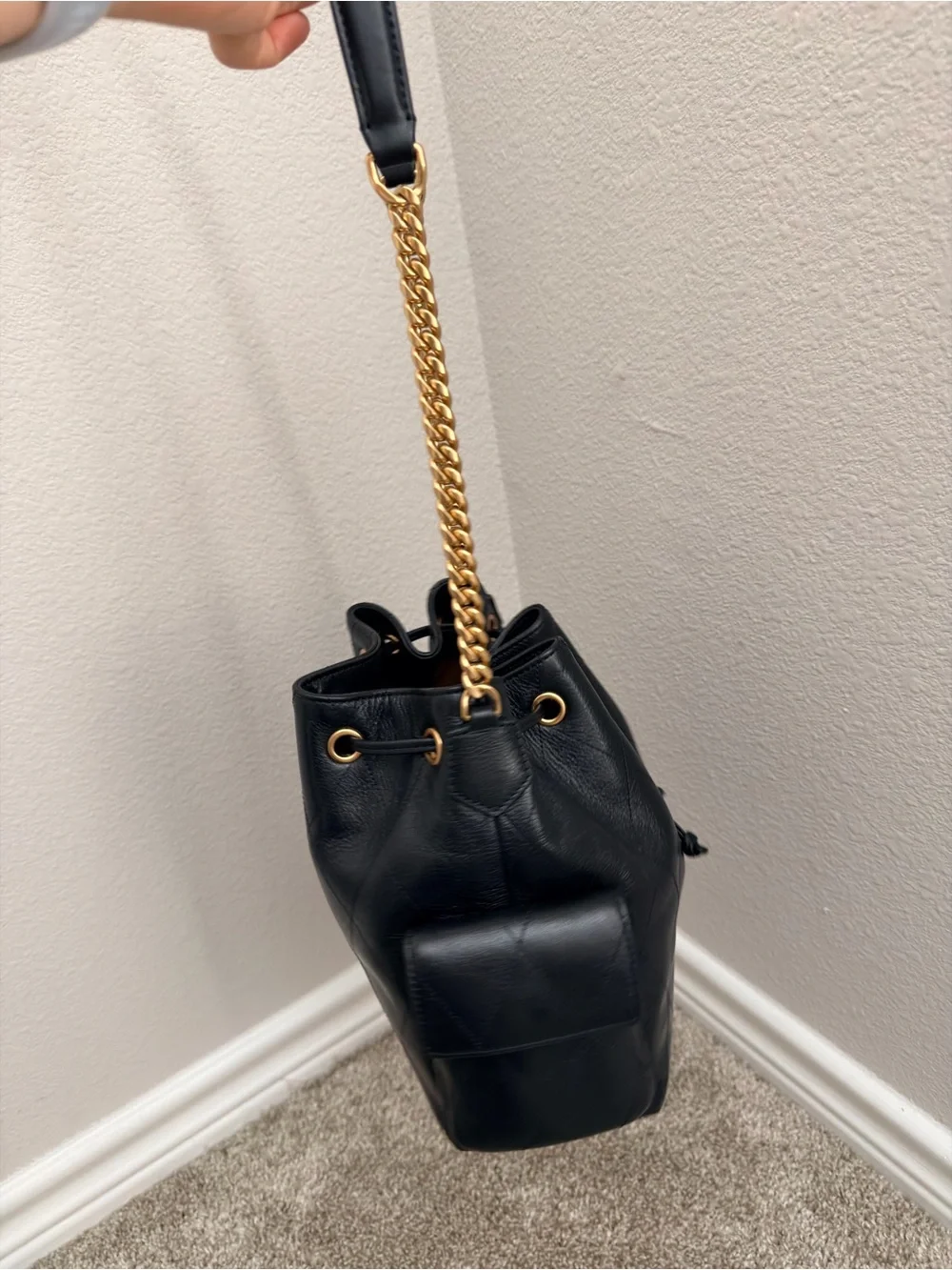 Tory Burch Charlie Quilted Leather Drawstring Shoulder Bag - Black with Wallet